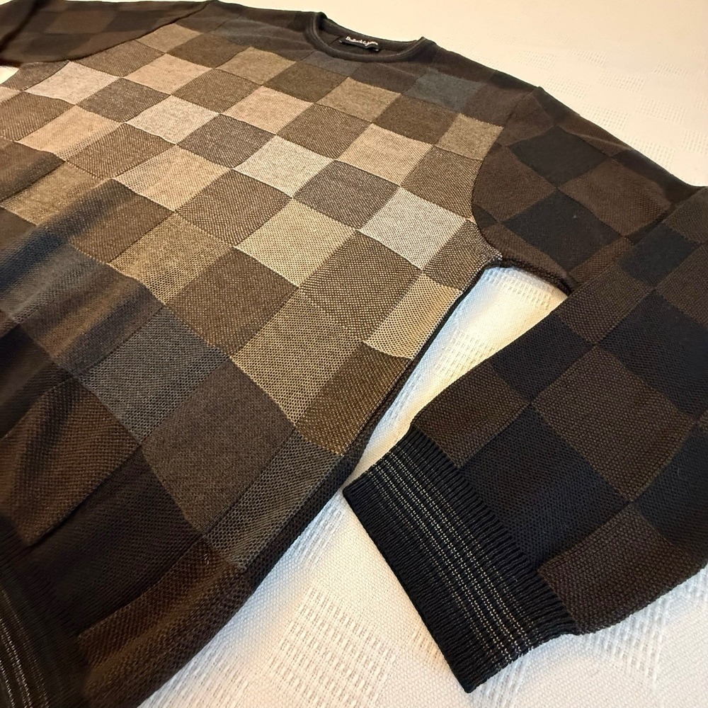 Bullock & Jones Italy Lightweight Virgin Wool‎ BLK BRN Checker Sweater Mens LG